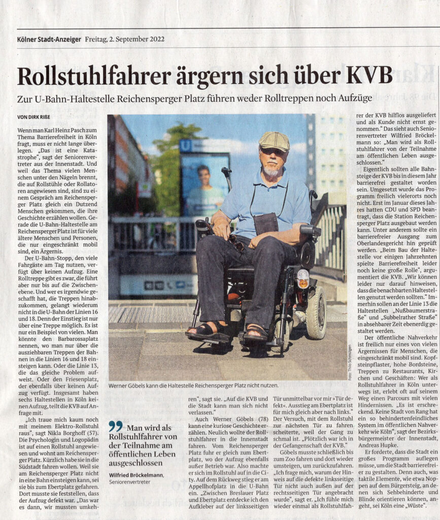 Rollstuhlfahrer ärgern sich über KVB
Kölner Stadt-Anzeiger vom 02.09.2022